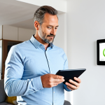 A professional German homeowner in their late 30s, dressed in modest business casual attire, standing in a brightly lit, modern living room. They are looking at a sleek tablet displaying energy efficiency data and smart home controls. A modern smart thermostat is visible on the wall. The scene emphasizes energy savings and sustainability. Fully clothed, appropriate attire, safe for work, perfect anatomy, natural pose, well-formed hands, proper finger count, natural body proportions, professional photography, high quality, family-friendly content.