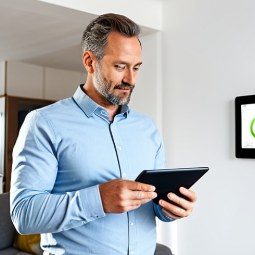 Home 19 A professional German homeowner in their late 30s, dressed in modest business casual attire, standing in a brightly lit, modern living room. They are looking at a sleek tablet displaying energy efficiency data and smart home controls. A modern smart thermostat is visible on the wall. The scene emphasizes energy savings and sustainability. Fully clothed, appropriate attire, safe for work, perfect anatomy, natural pose, well-formed hands, proper finger count, natural body proportions, professional photography, high quality, family-friendly content.
