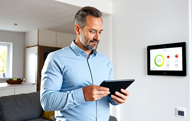 A professional German homeowner in their late 30s, dressed in modest business casual attire, standing in a brightly lit, modern living room. They are looking at a sleek tablet displaying energy efficiency data and smart home controls. A modern smart thermostat is visible on the wall. The scene emphasizes energy savings and sustainability. Fully clothed, appropriate attire, safe for work, perfect anatomy, natural pose, well-formed hands, proper finger count, natural body proportions, professional photography, high quality, family-friendly content.