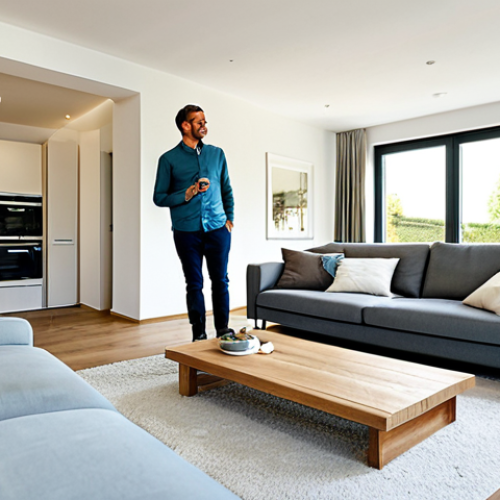 Home 18 Modern Smart Home Living Room**
"A bright and airy living room in a modern German home. Smart lighting illuminates the space with warm, inviting tones. A smart thermostat is subtly visible on the wall. A comfortable sofa and modern furniture create a cozy atmosphere. Fully clothed figures are present, perhaps a family enjoying time together. Safe for work, appropriate content, fully clothed, professional photography, perfect anatomy, natural proportions, family-friendly."
**