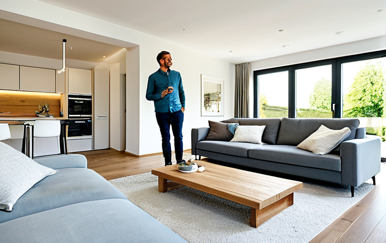 Modern Smart Home Living Room**
"A bright and airy living room in a modern German home. Smart lighting illuminates the space with warm, inviting tones. A smart thermostat is subtly visible on the wall. A comfortable sofa and modern furniture create a cozy atmosphere. Fully clothed figures are present, perhaps a family enjoying time together. Safe for work, appropriate content, fully clothed, professional photography, perfect anatomy, natural proportions, family-friendly."
**