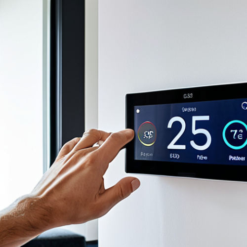 Home 17 Smart Thermostat in a Modern Home**
"A fully clothed person adjusting a smart thermostat on a wall in a modern German apartment. The apartment is brightly lit, showing a comfortable living room in the background. The thermostat has a clear digital display. Emphasize the sleek design and intuitive interface. Safe for work, appropriate content, fully clothed, professional, modern interior design, perfect anatomy, correct proportions, natural pose, well-formed hands, proper finger count, natural body proportions, high quality."
**