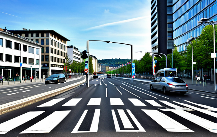 Smart Traffic Management in Stuttgart**
"A modern street scene in Stuttgart, Germany, featuring intelligent traffic lights dynamically adjusting to real-time traffic flow. Sleek, modern cars and buses move smoothly. Buildings are visible in the background. The scene conveys efficiency and order. Fully clothed pedestrians are visible on sidewalks. Safe for work, appropriate content, professional, natural proportions, perfect anatomy, well-formed hands, modest clothing, high quality."
**