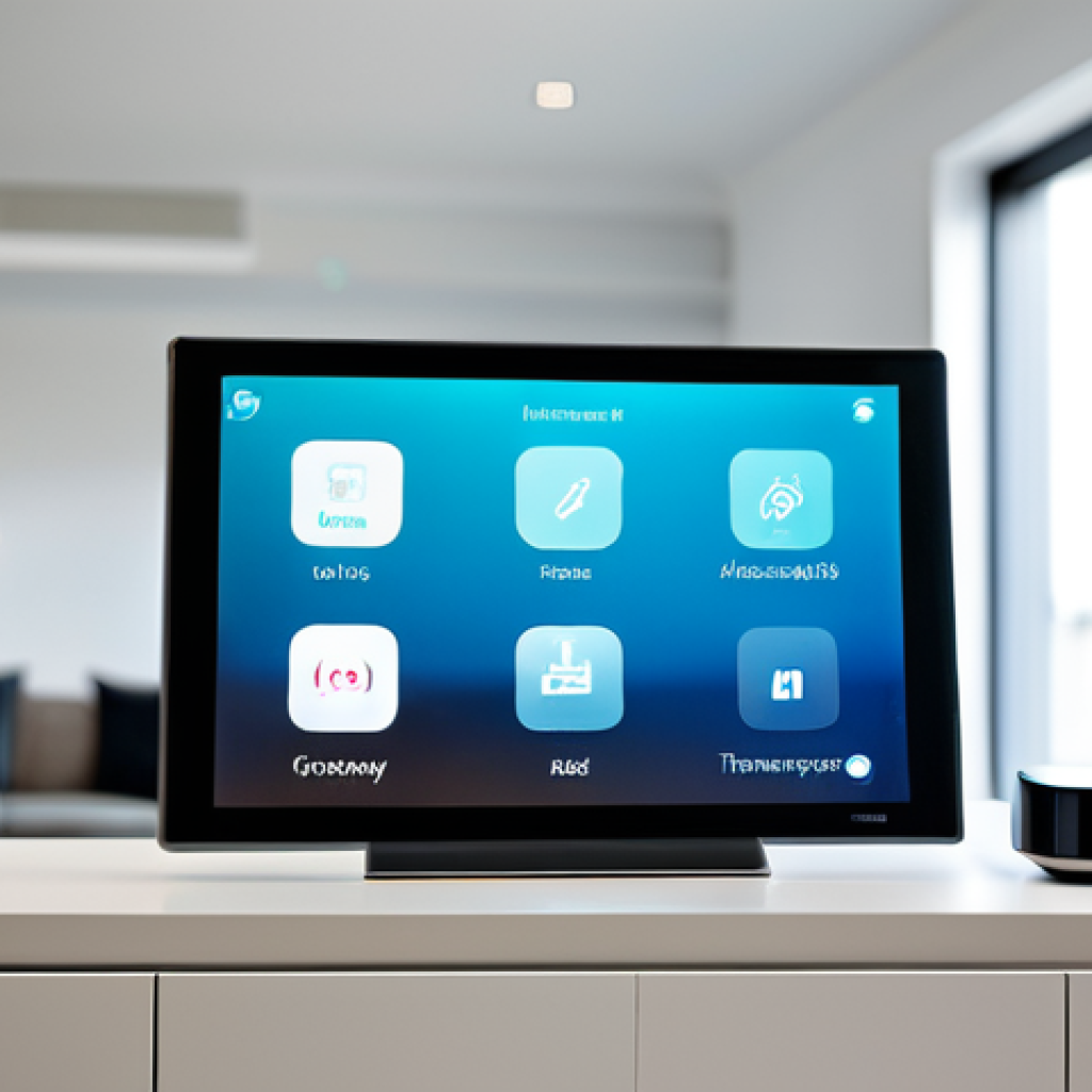 Smart Home Central Hub**
"A modern, minimalist smart home central hub device sitting on a clean, white shelf in a contemporary living room. The device has a sleek touchscreen interface displaying connected devices and settings. Background shows a blurred view of smart lights, a smart thermostat, and a security camera. fully clothed, safe for work, appropriate content, professional, perfect anatomy, correct proportions, natural pose, professional product photography, high quality"
**