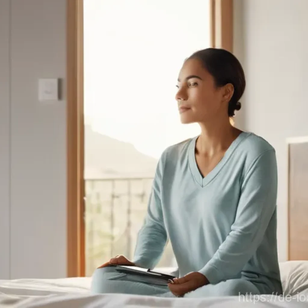 IoT 기술을 통한 개인화된 생활 만들기 - **A Gentle Smart Home Awakening:**
A serene adult woman (30s) is gently waking up in a minimalis...