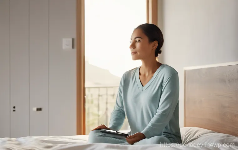 IoT 기술을 통한 개인화된 생활 만들기 - **A Gentle Smart Home Awakening:**
    A serene adult woman (30s) is gently waking up in a minimalis...