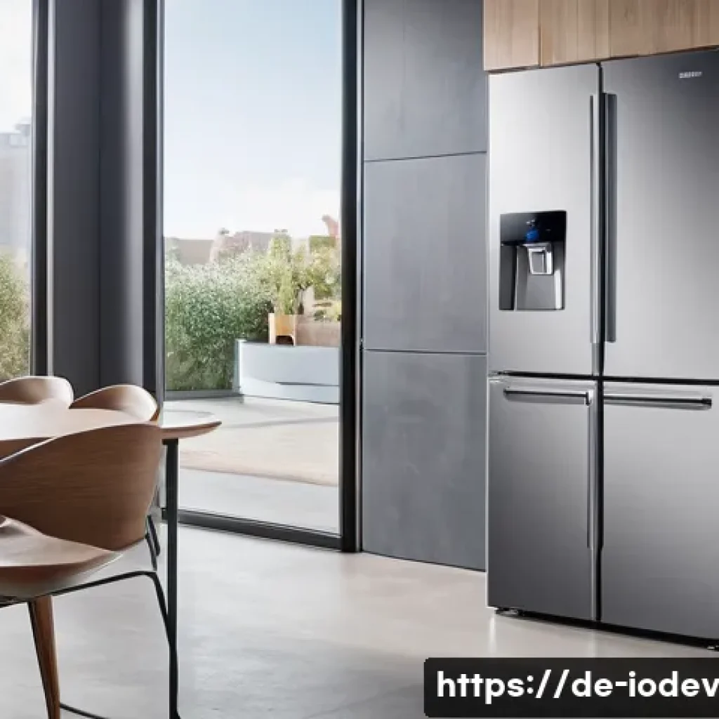 IoT 가전 활용법  주방 편리하게 만들기 - A modern German kitchen interior featuring a sleek Samsung Family Hub smart refrigerator with a larg...