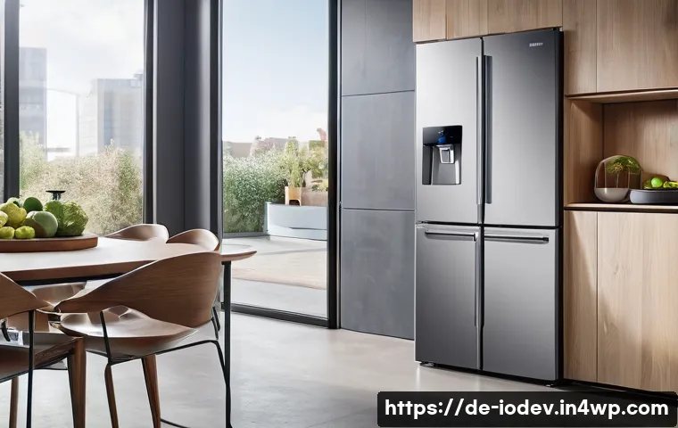 IoT 가전 활용법 주방 편리하게 만들기 - A modern German kitchen interior featuring a sleek Samsung Family Hub smart refrigerator with a larg...