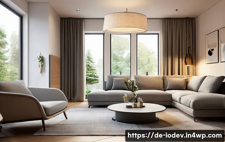 스마트 조명으로 집안 분위기 변화시키기 - A modern German living room in the evening, featuring smart LED lighting with warm white tones softl...