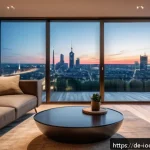 Home 18 IoT 기기를 통한 자동화된 조명 관리 - A modern German living room interior at dusk, showcasing smart LED lighting with warm, dimmable tone...