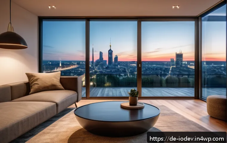 IoT 기기를 통한 자동화된 조명 관리 - A modern German living room interior at dusk, showcasing smart LED lighting with warm, dimmable tone...