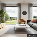 Home 22 스마트 가전의 기기 간 연결성 높이기 - A modern German living room showcasing a seamlessly integrated smart home setup: multiple smart devi...