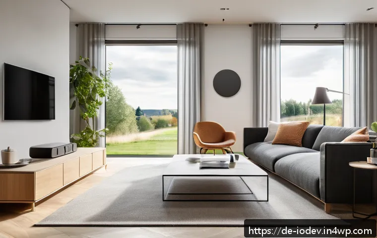 스마트 가전의 기기 간 연결성 높이기 - A modern German living room showcasing a seamlessly integrated smart home setup: multiple smart devi...