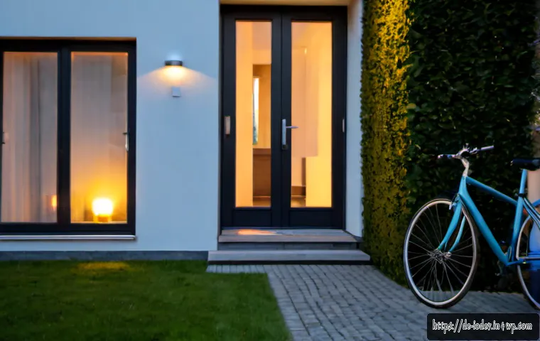 Home 17 IoT 기기를 활용한 물리적 안전 강화하기 - Photorealistic modern German family home entrance at early evening, a discreet smart video doorbell ...